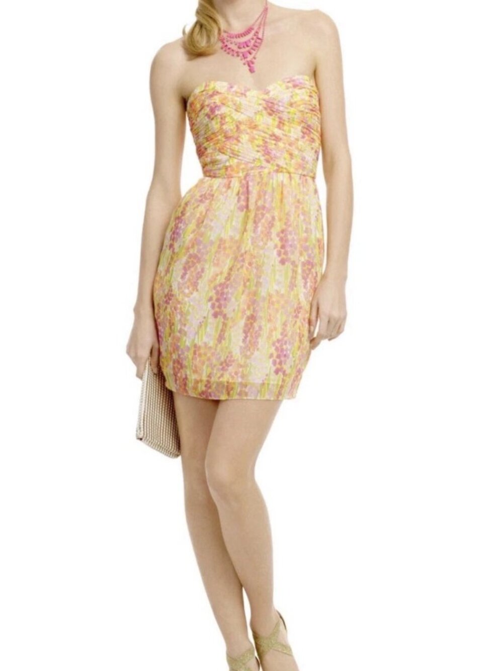 Shoshanna Sz 4 Strapless Floral Sweetheart Ruched Mini Dress Pink Yellow MSRP398